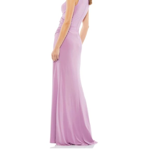 MAC DUGGAL 26513 RUCHED STRETCH JERSEY V-NECK THIGH SLIT LILLAC GOWN sz 0 - Picture 7 of 7